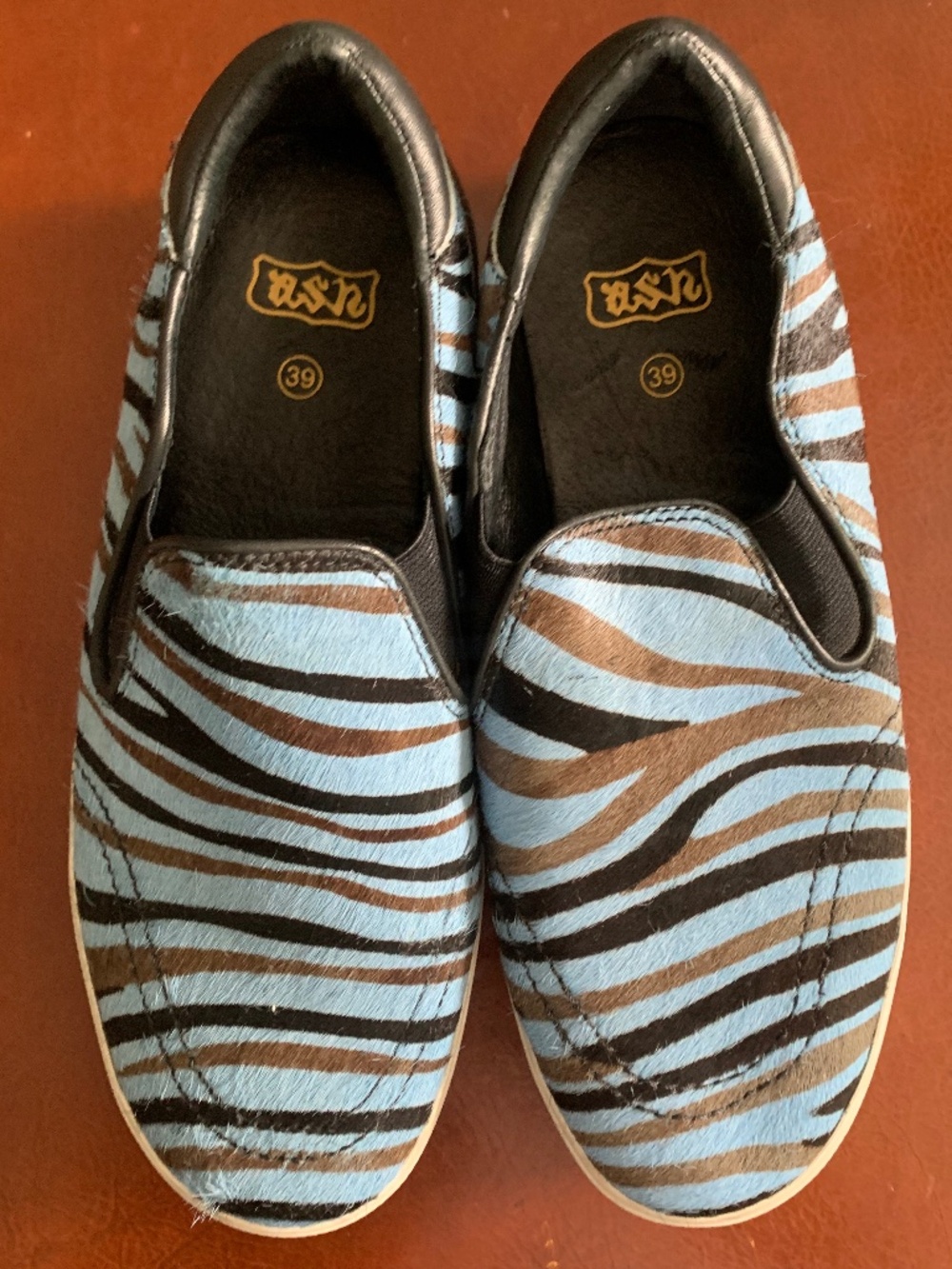 Ash Zebra Stripe slip-on loafers, Blue, Black, Brown cow hide, size 39